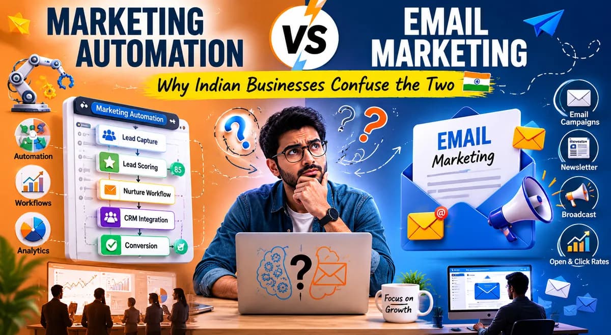 Marketing automation vs email marketing banner for Indian businesses.