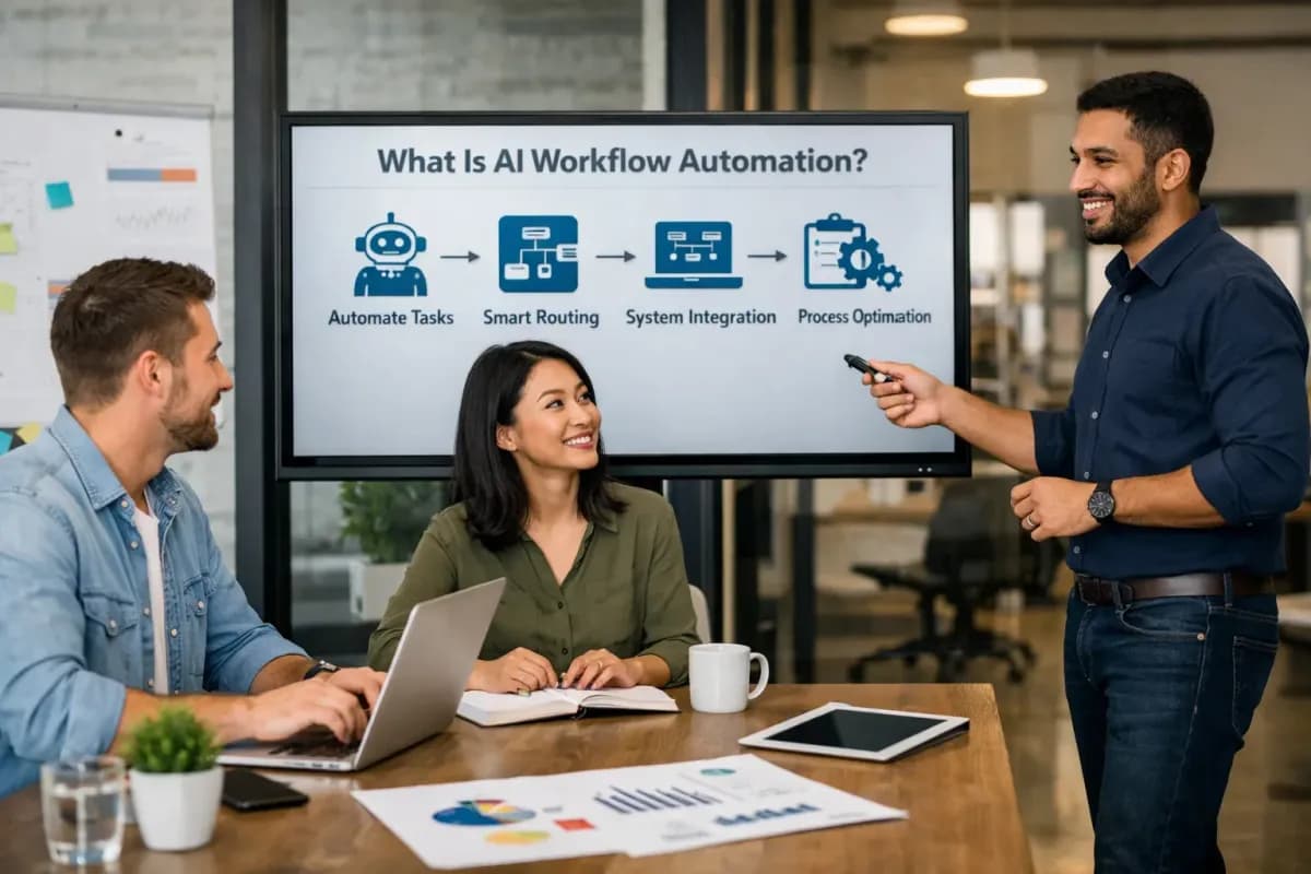 AI workflow automation tools helping businesses automate tasks, streamline operations, and enhance customer experience in a digital workplace.