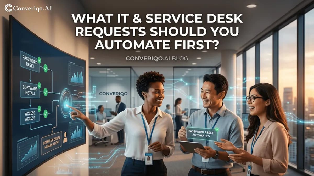 Internal Queries Automate These First: A diverse team looking at a display with workflow automations.