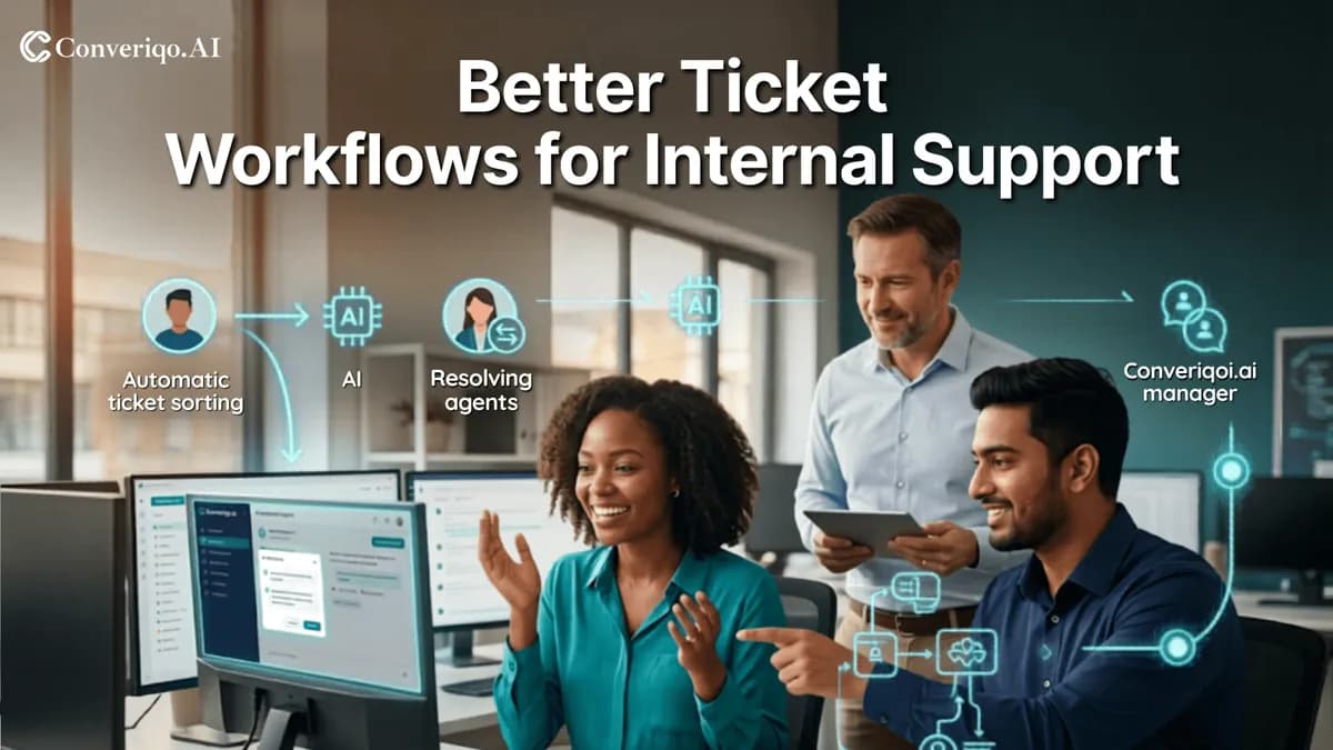 Knowledge Base vs Helpdesk Automation: Professionals discussing workflow automation with AI-driven technology on screen.