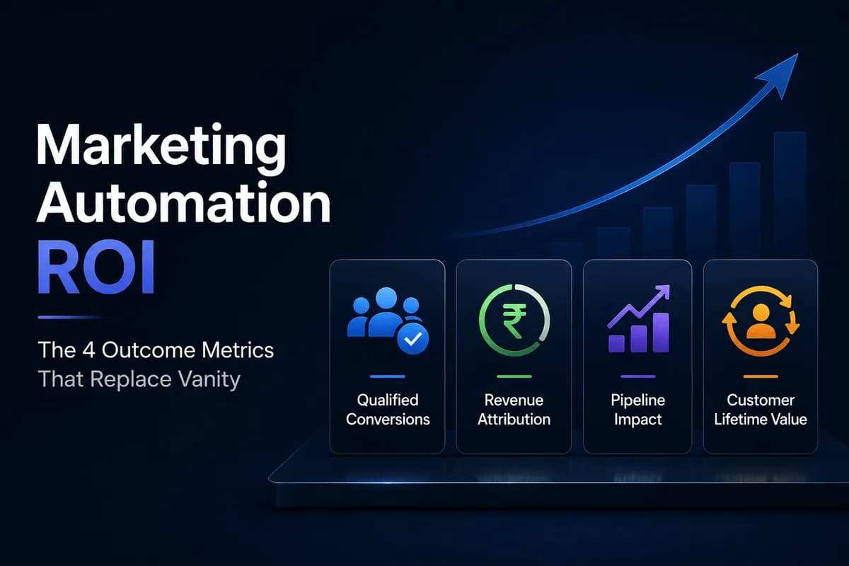 Marketing automation ROI banner with enterprise analytics and outcome metrics.