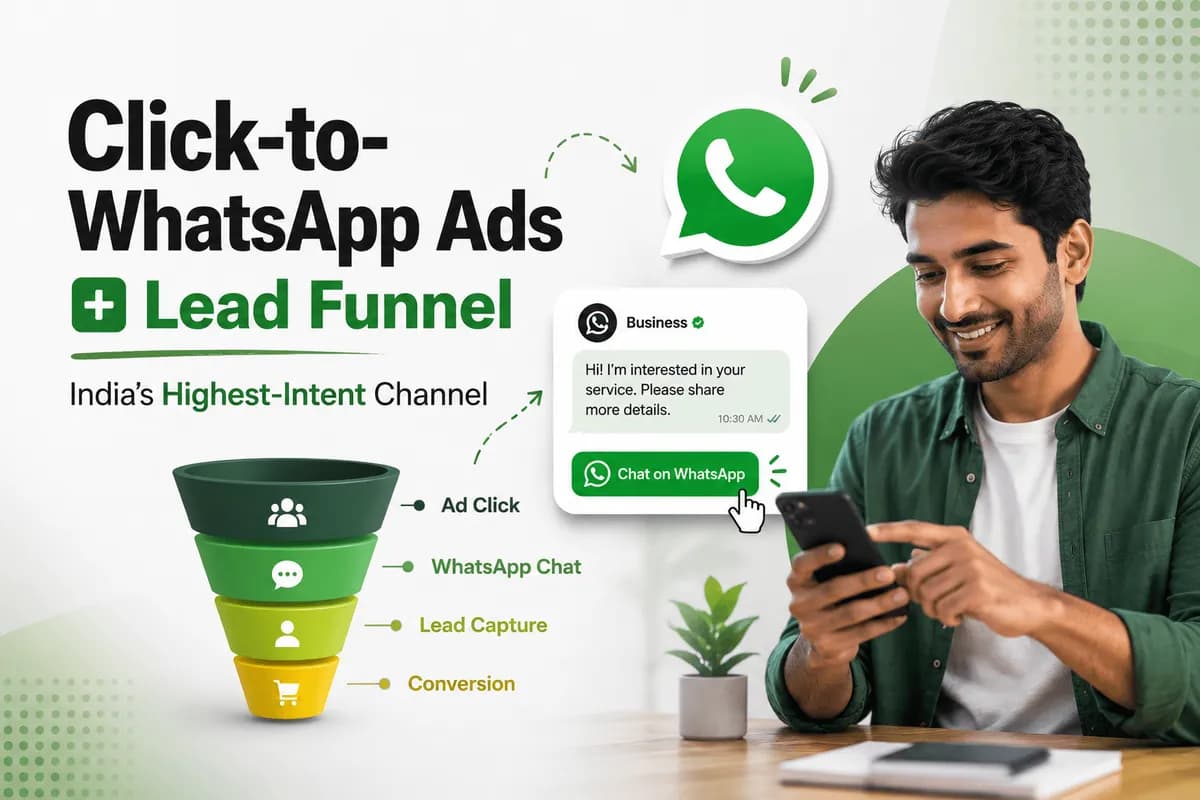 Click-to-WhatsApp Ads funnel banner for high-intent India lead generation.