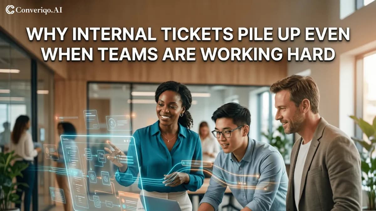 Why Employees Still Ask The Same Questions (Even with SOPs): A team smiling and interacting with digital tools displaying FAQs.