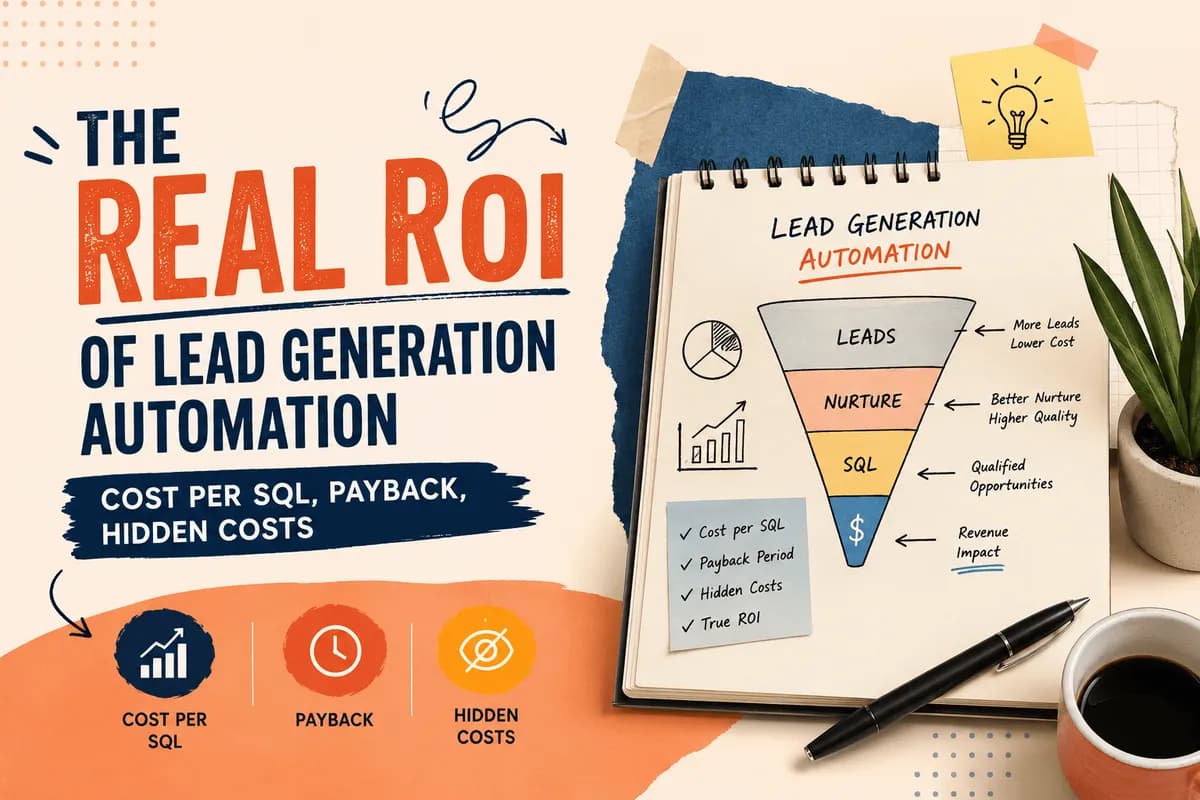 Lead generation automation ROI banner with SQL costs and payback insights.