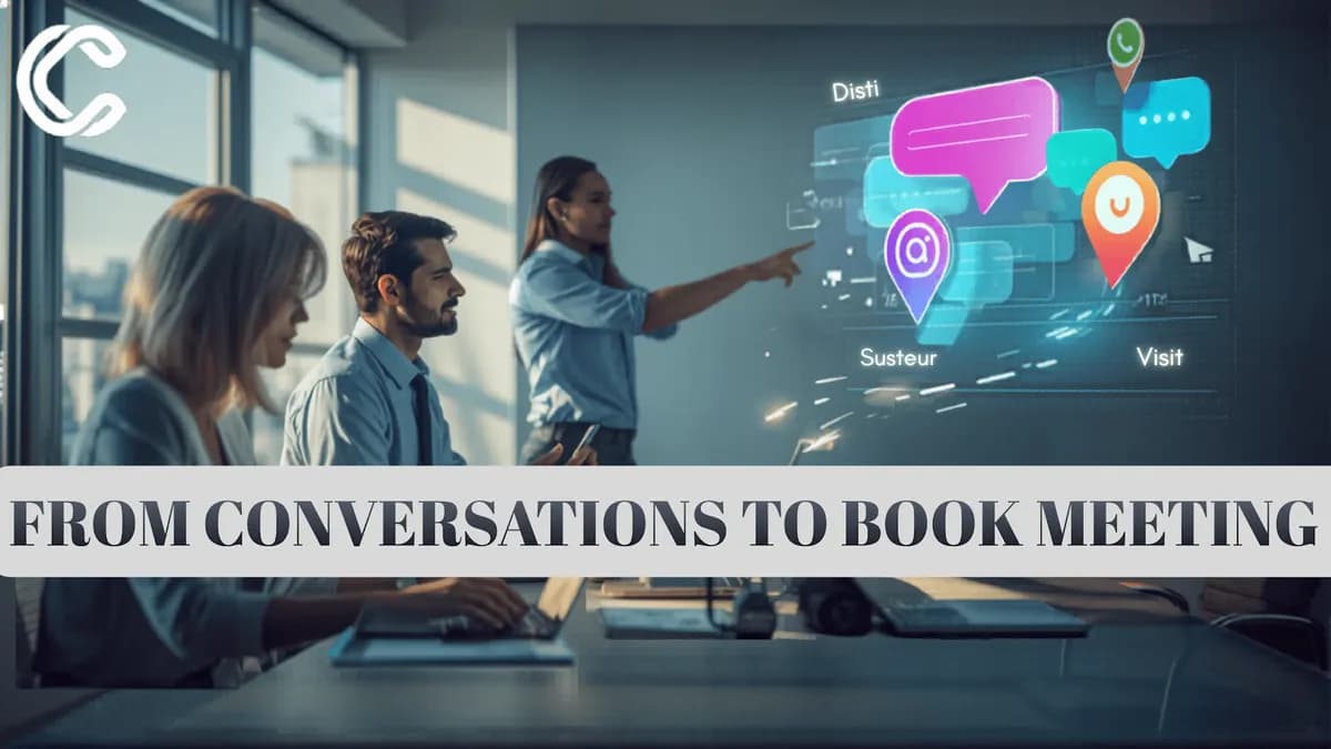 sales team meeting showing professionals analyzing digital screen with chat icons and conversion journey from conversation to booked meeting