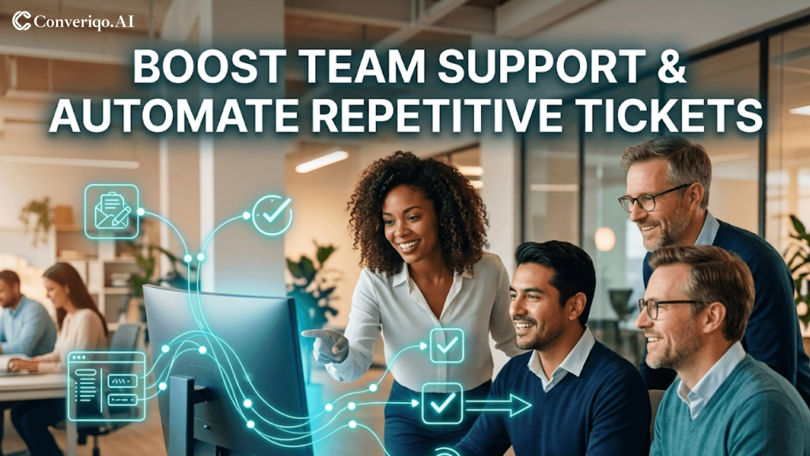 Smarter Support Knowledge Base & Helpdesk AI Automation: A woman and a man collaborating with a tablet and helpdesk automation technology.