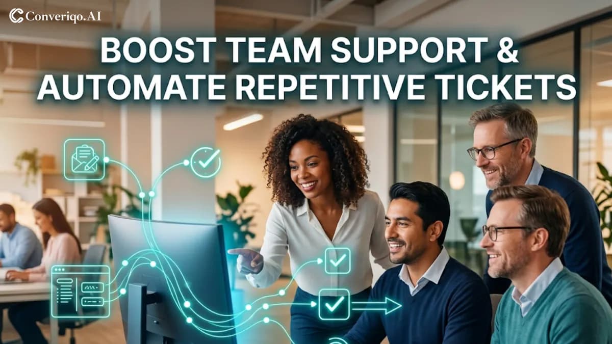 Smarter Support Knowledge Base & Helpdesk AI Automation: A woman and a man collaborating with a tablet and helpdesk automation technology.